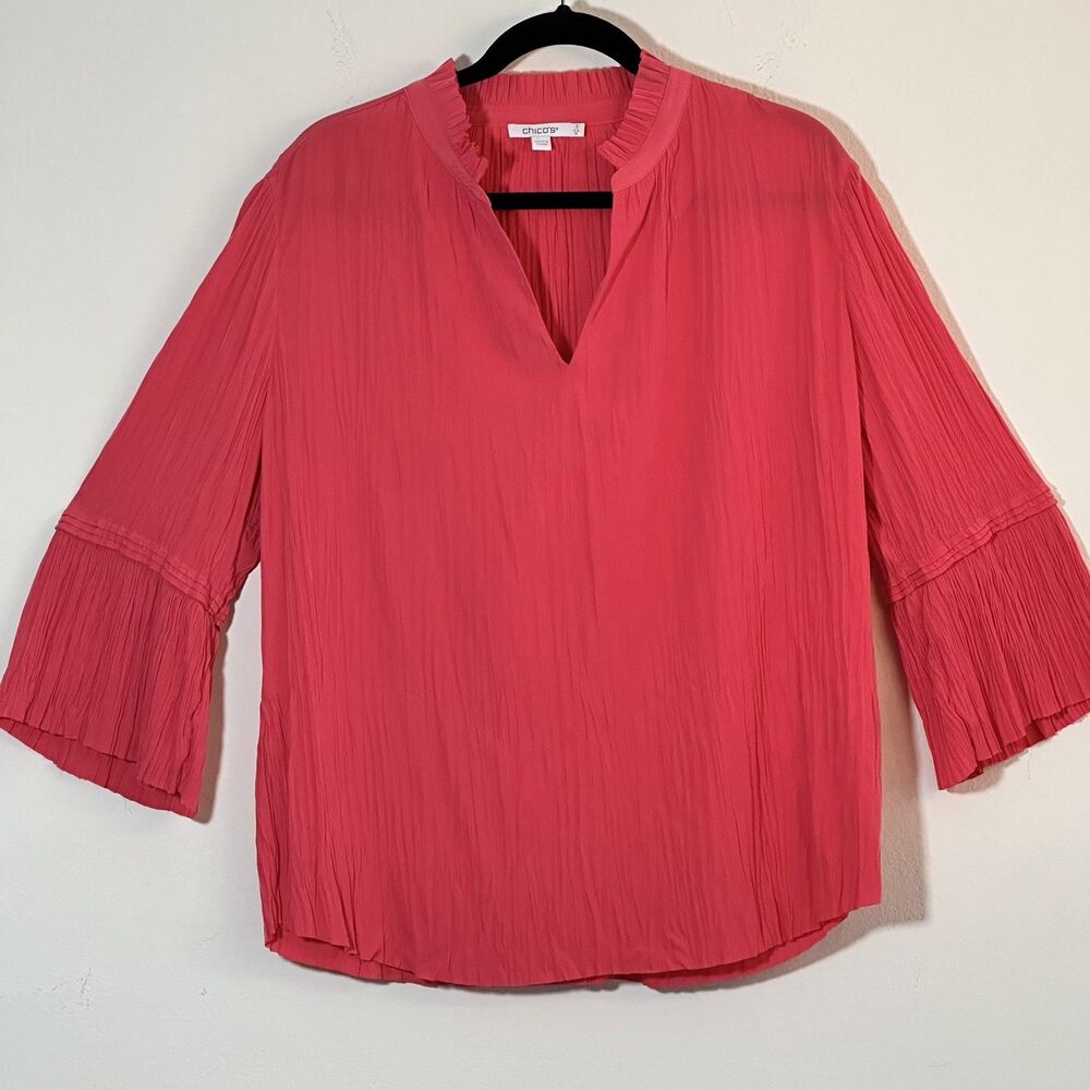 Chico's Coral-Pink Pleated Split-Neck Blouse